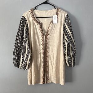 Pure Jill Elements Boho Embroidered Beige Black Embroidered Women's Tunic 2X